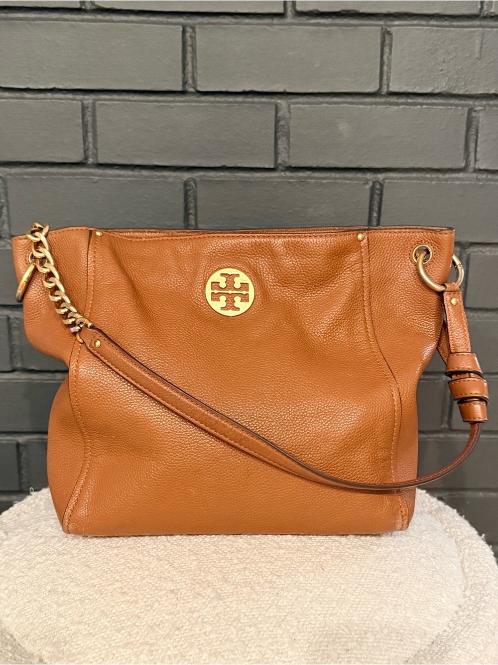 Tory Burch Cognac Pebble Leather Shoulder Bag with Gold Logo